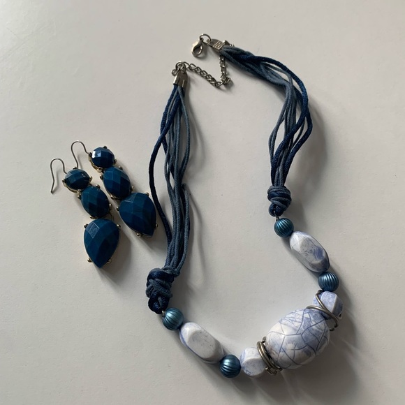 Deep Blue Boho Necklace with Pearl Earrings - Picture 1 of 3